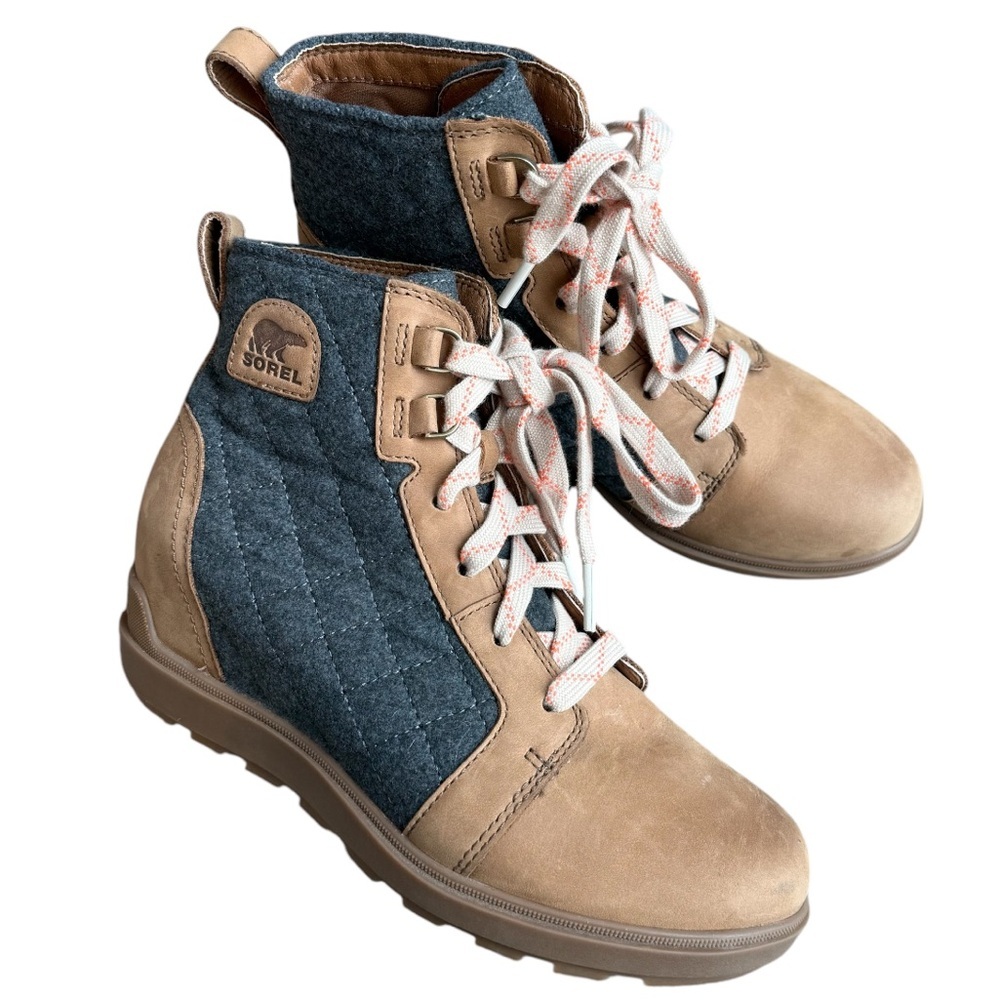 Sorel Evie II heel wedge boots size 7.5 omega tan gray